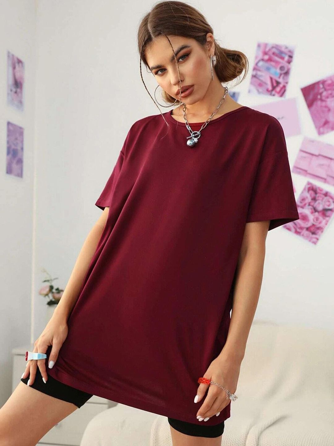 Kotty Drop-Down Shoulder Sleeves Round Neck T-Shirt
