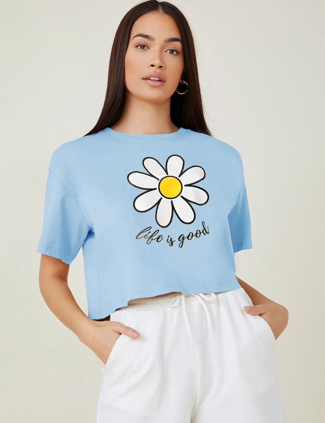 Kotty Round Neck  Drop-Shoulder Sleeves Graphic Printed Oversized Crop T-shirt