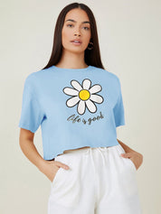 Kotty Round Neck  Drop-Shoulder Sleeves Graphic Printed Oversized Crop T-shirt