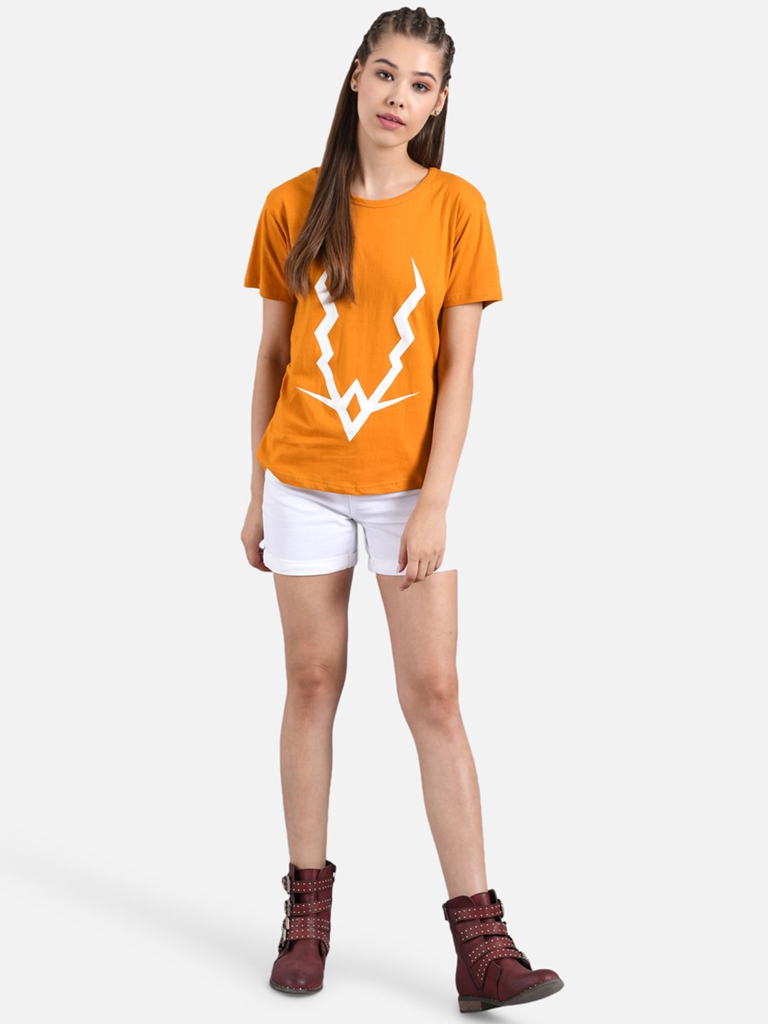 Kotty Women Orange Printed Round Neck T-shirt