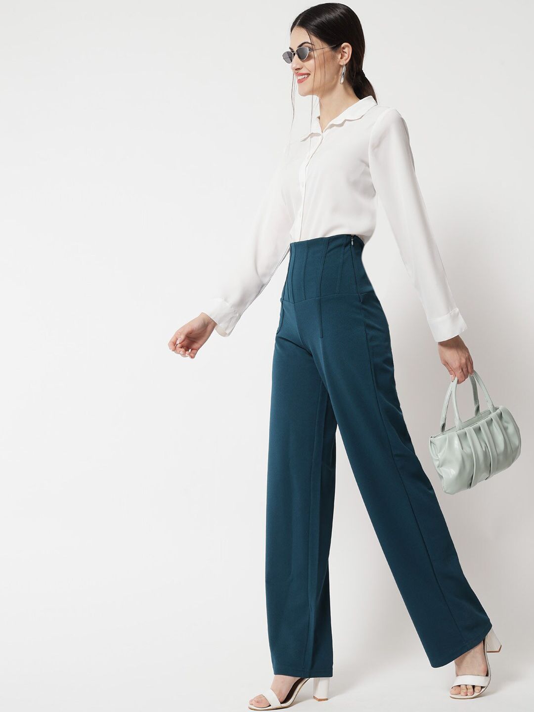 Kotty Women Teal Relaxed Straight Fit High-Rise Trouser