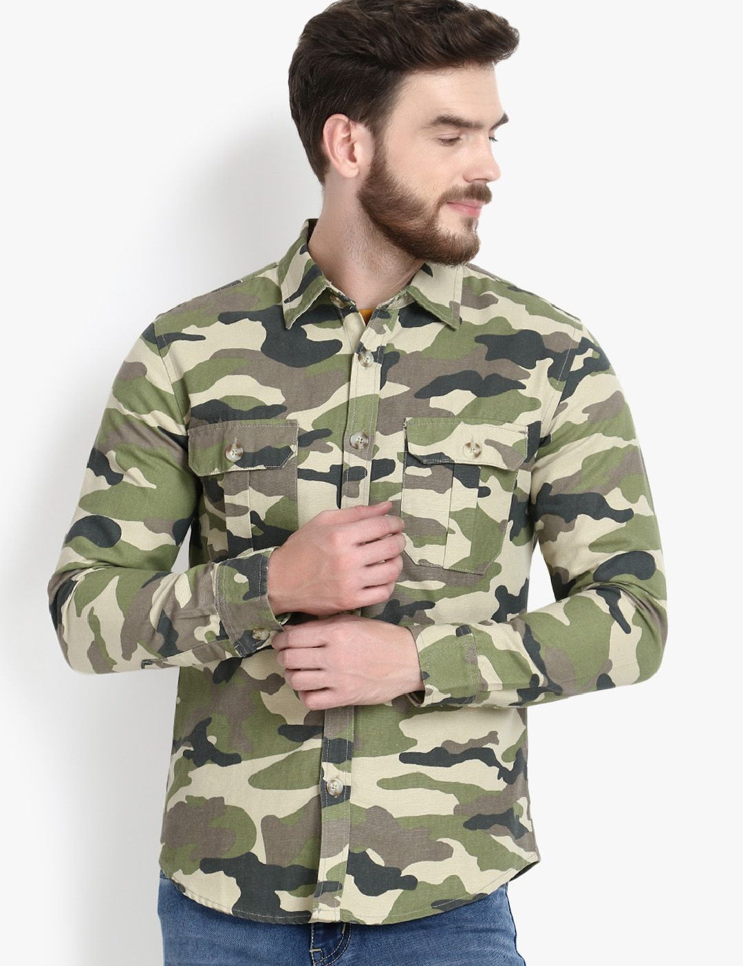 Kotty Men Green Camouflage Lightweight Denim Jacket