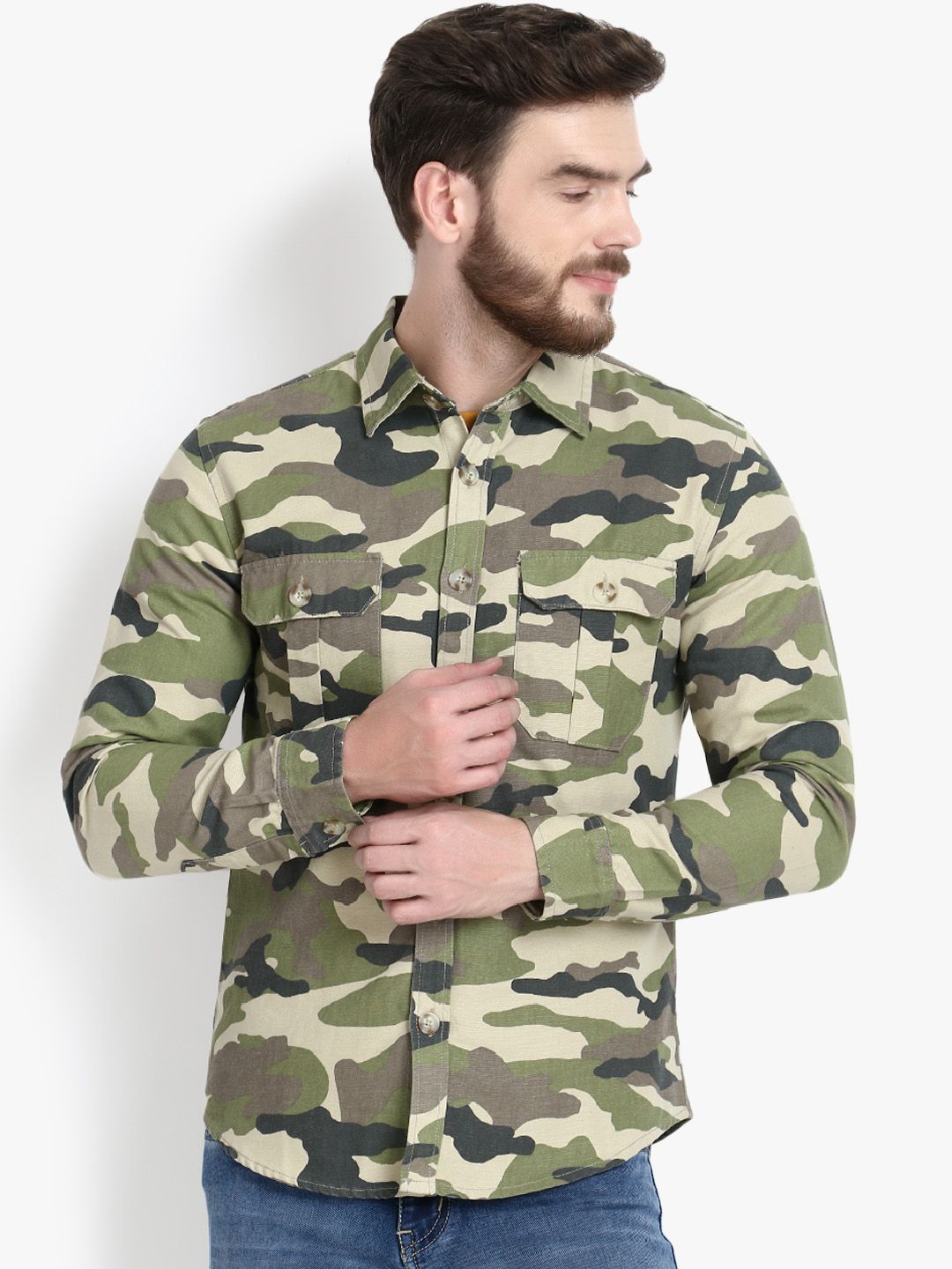 Kotty Men Green Camouflage Lightweight Denim Jacket