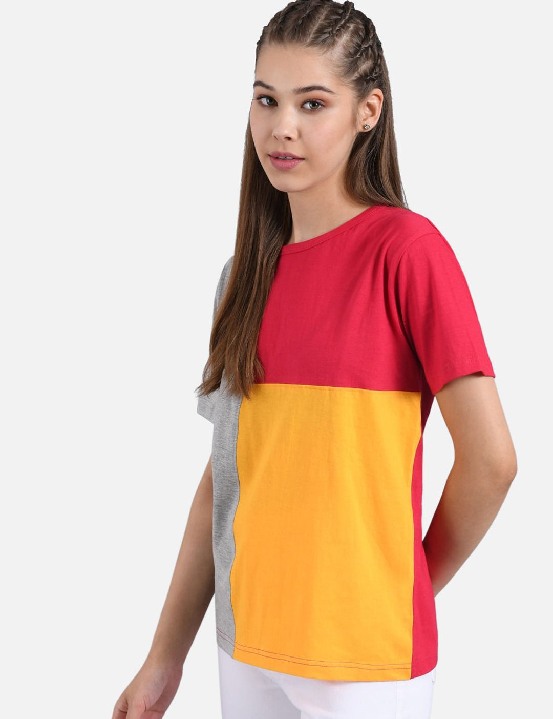 Kotty Women Red And Yellow Colourblocked Round Neck T-shirt