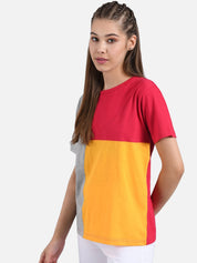 Kotty Women Red And Yellow Colourblocked Round Neck T-shirt
