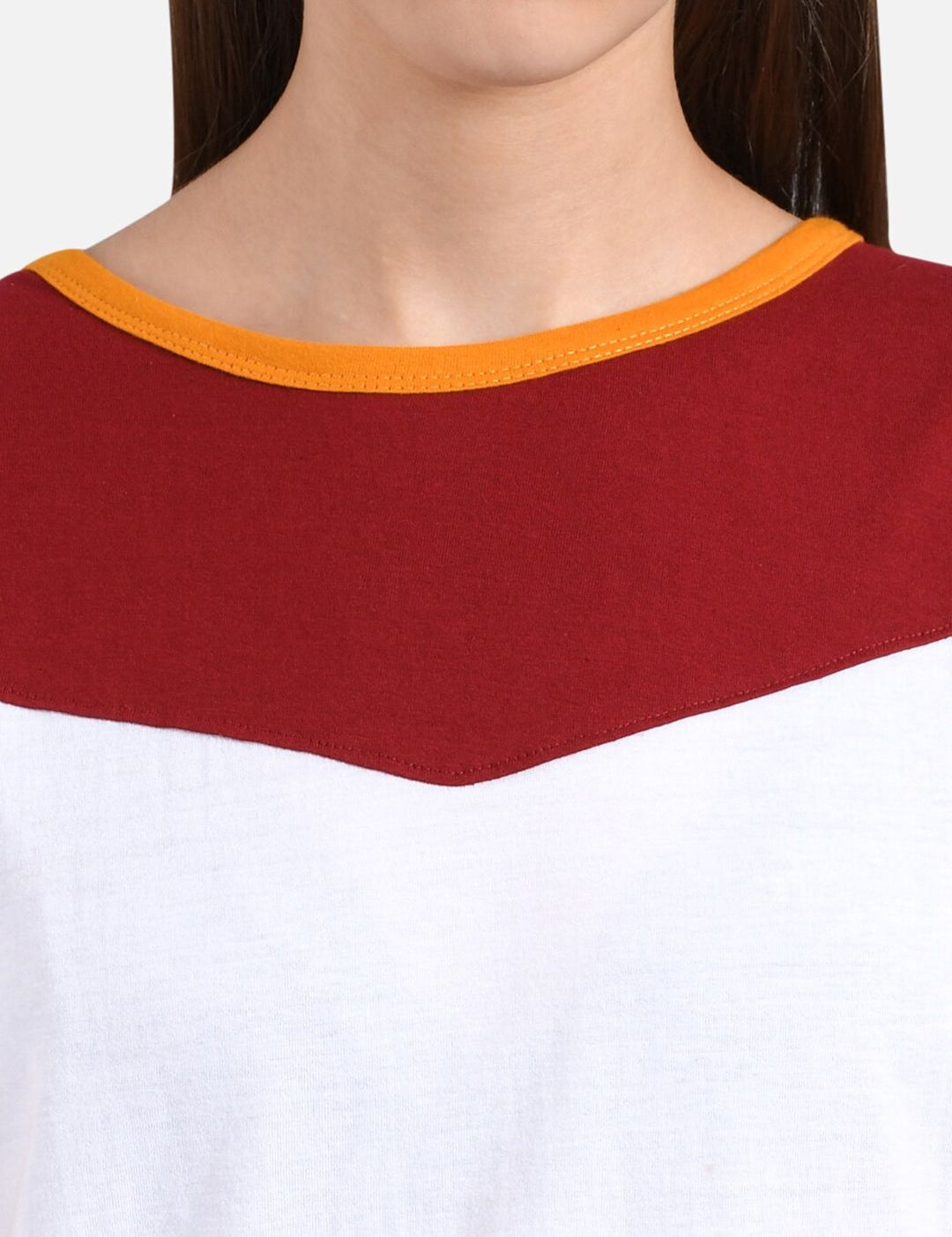 Kotty Women Mustard Yellow & White Colourblocked Boat Neck T-shirt