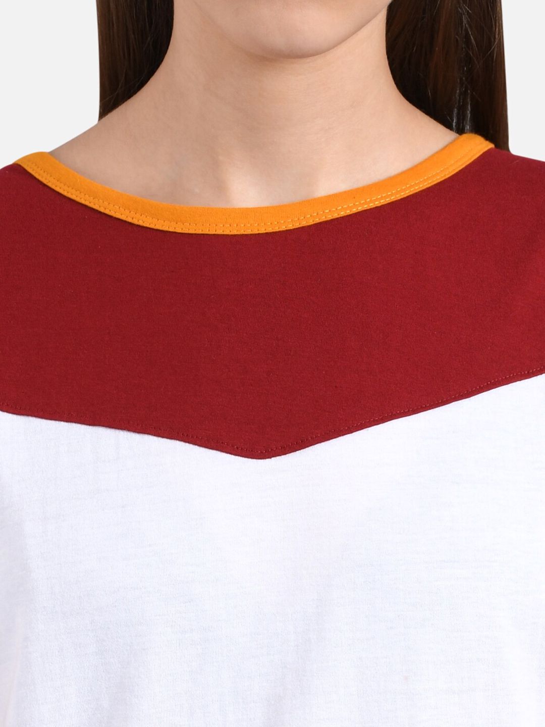 Kotty Women Mustard Yellow & White Colourblocked Boat Neck T-shirt