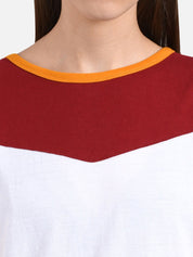 Kotty Women Mustard Yellow & White Colourblocked Boat Neck T-shirt