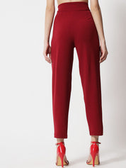 Kotty Women Maroon Cropped Relaxed Straight Fit High-Rise Easy Wash Pleated Trousers