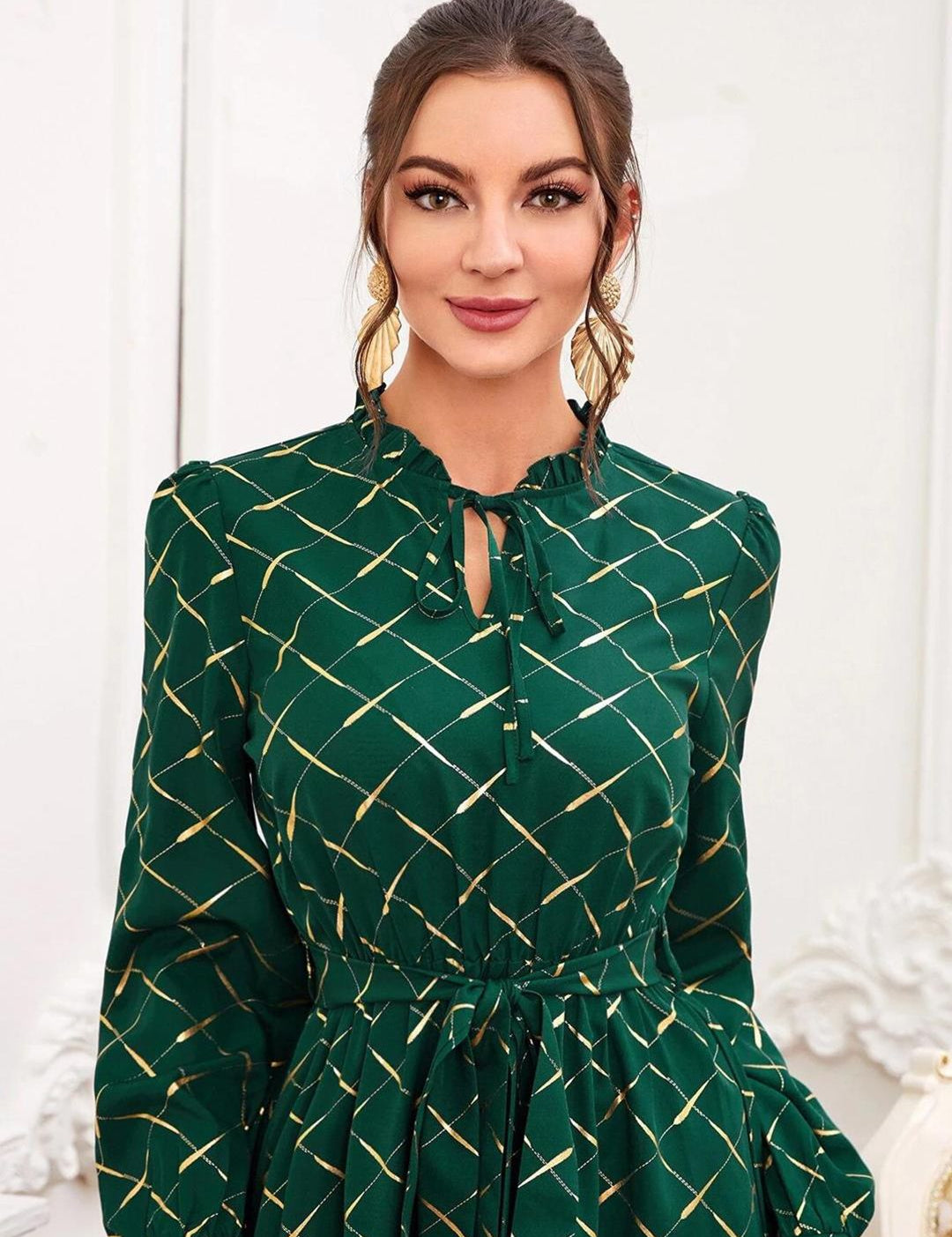 Kotty Green Checked Puff Sleeve Fit & Flare Midi Dress