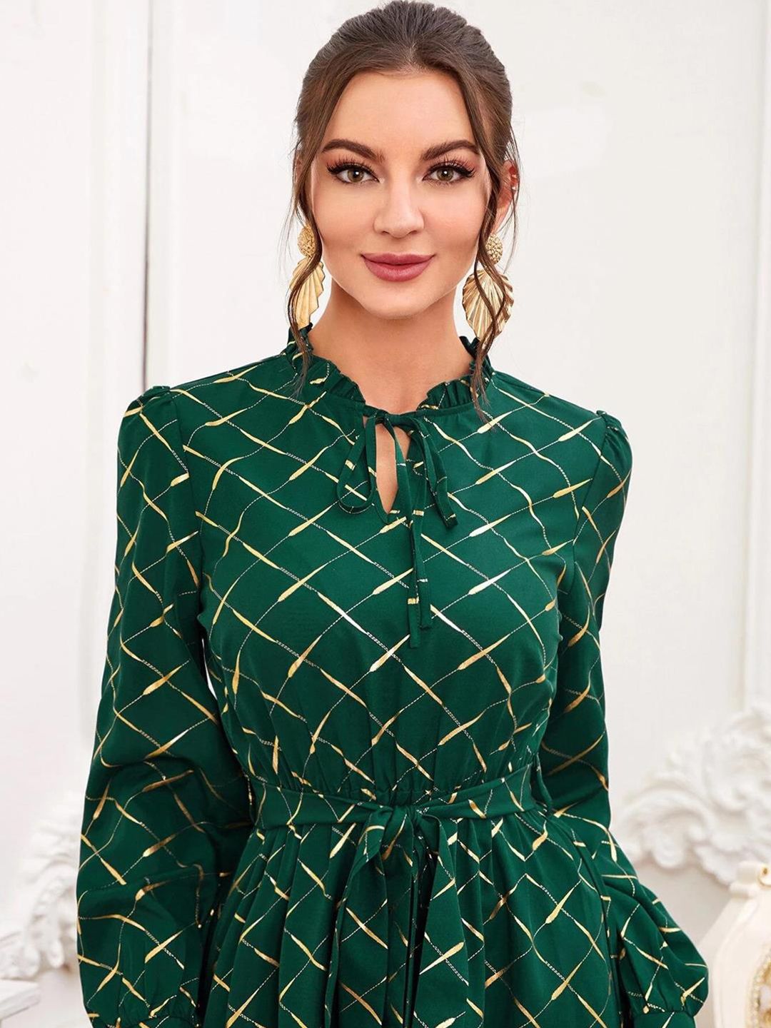 Kotty Green Checked Puff Sleeve Fit & Flare Midi Dress