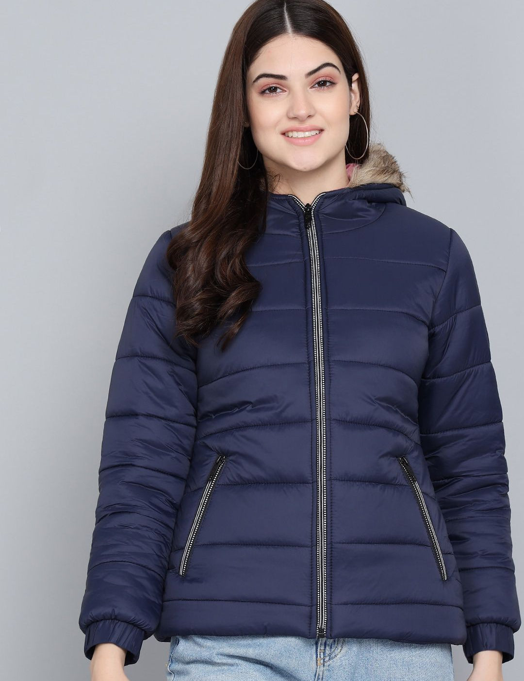 Kotty Women Blue Outdoor Hooded Faux Fur Puffer Jacket