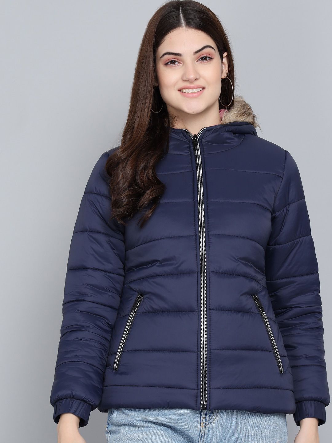 Kotty Women Blue Outdoor Hooded Faux Fur Puffer Jacket