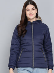 Kotty Women Blue Outdoor Hooded Faux Fur Puffer Jacket
