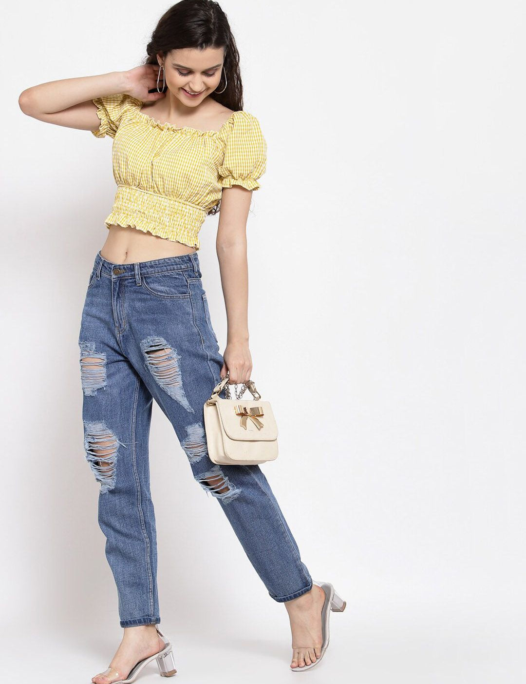 Kotty Women Blue Boyfriend Fit High-Rise Highly Distressed Light Fade Jeans