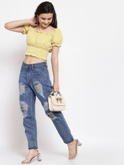 Kotty Women Blue Boyfriend Fit High-Rise Highly Distressed Light Fade Jeans