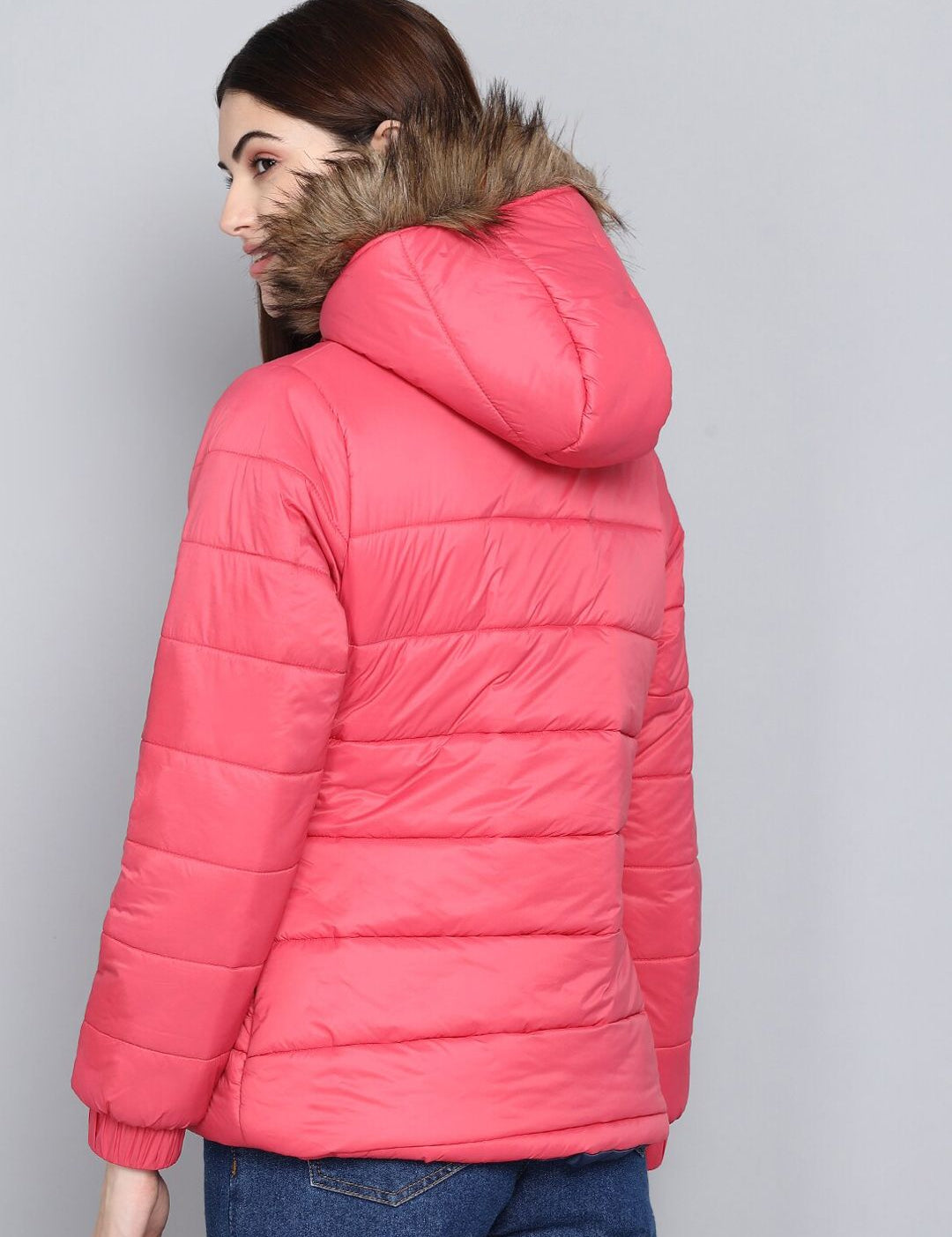 Kotty Women Pink Solid Outdoor Parka Jacket with Faux Fur Trim