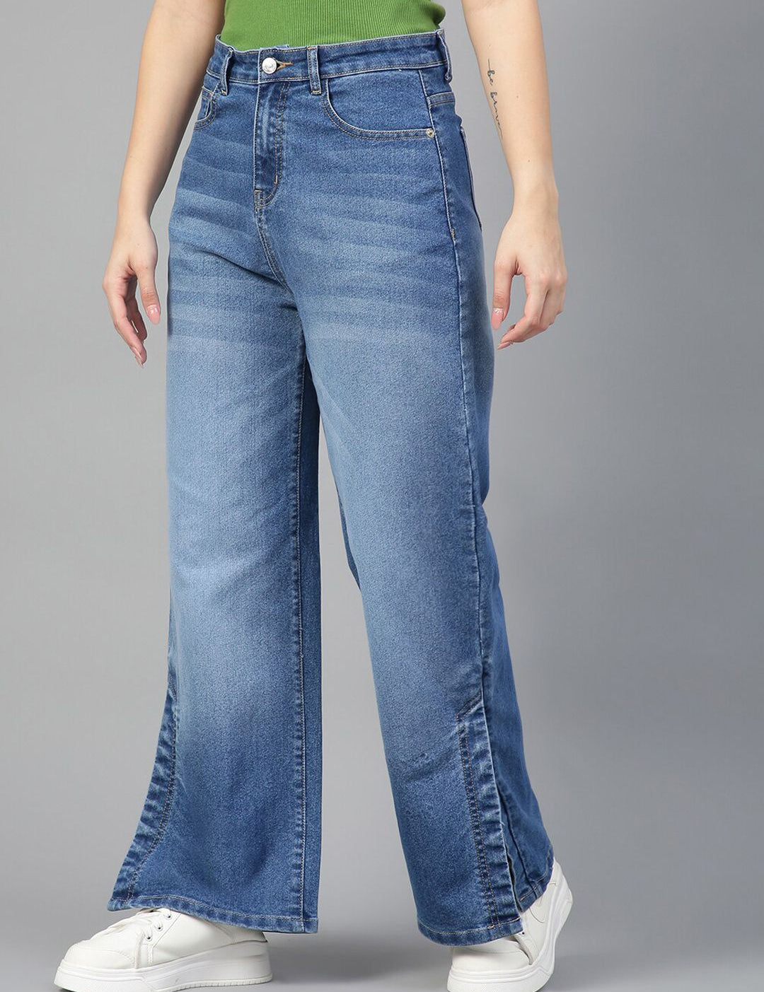 Kotty Women Jean Wide Leg High-Rise Light Fade Stretchable Side Slits Jeans