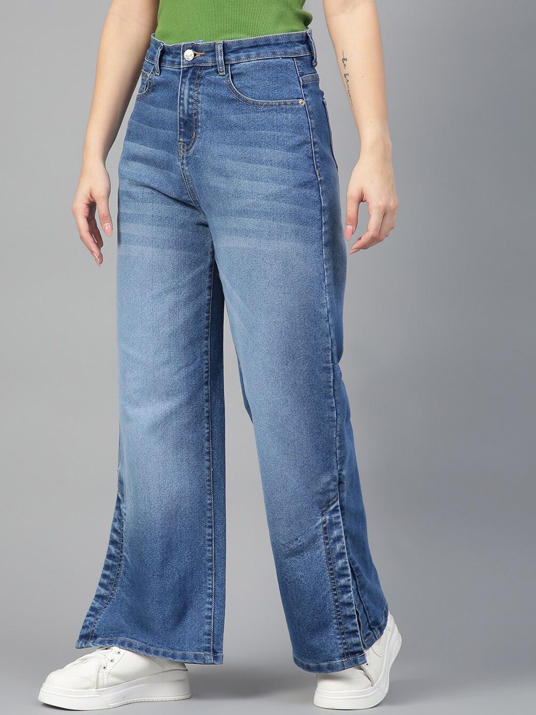 Kotty Women Jean Wide Leg High-Rise Light Fade Stretchable Side Slits Jeans