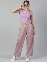 Kotty Women Pink Straight Fit High-Rise Easy Wash Cargos Trousers