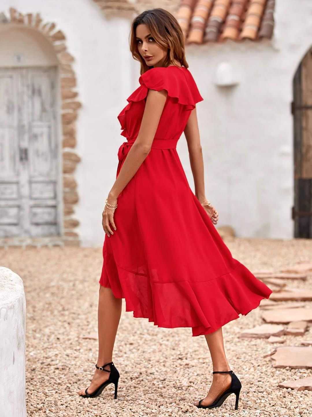Kotty Red Ruffled Wrap Midi Dress