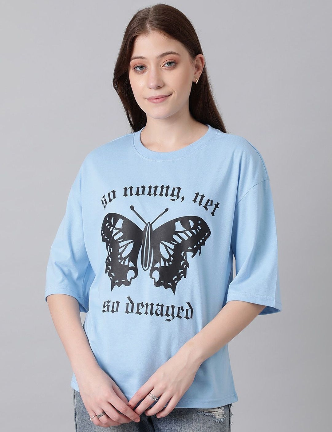 KOTTY Basics Typography Printed Drop-Shoulder Sleeves Oversized T-shirt