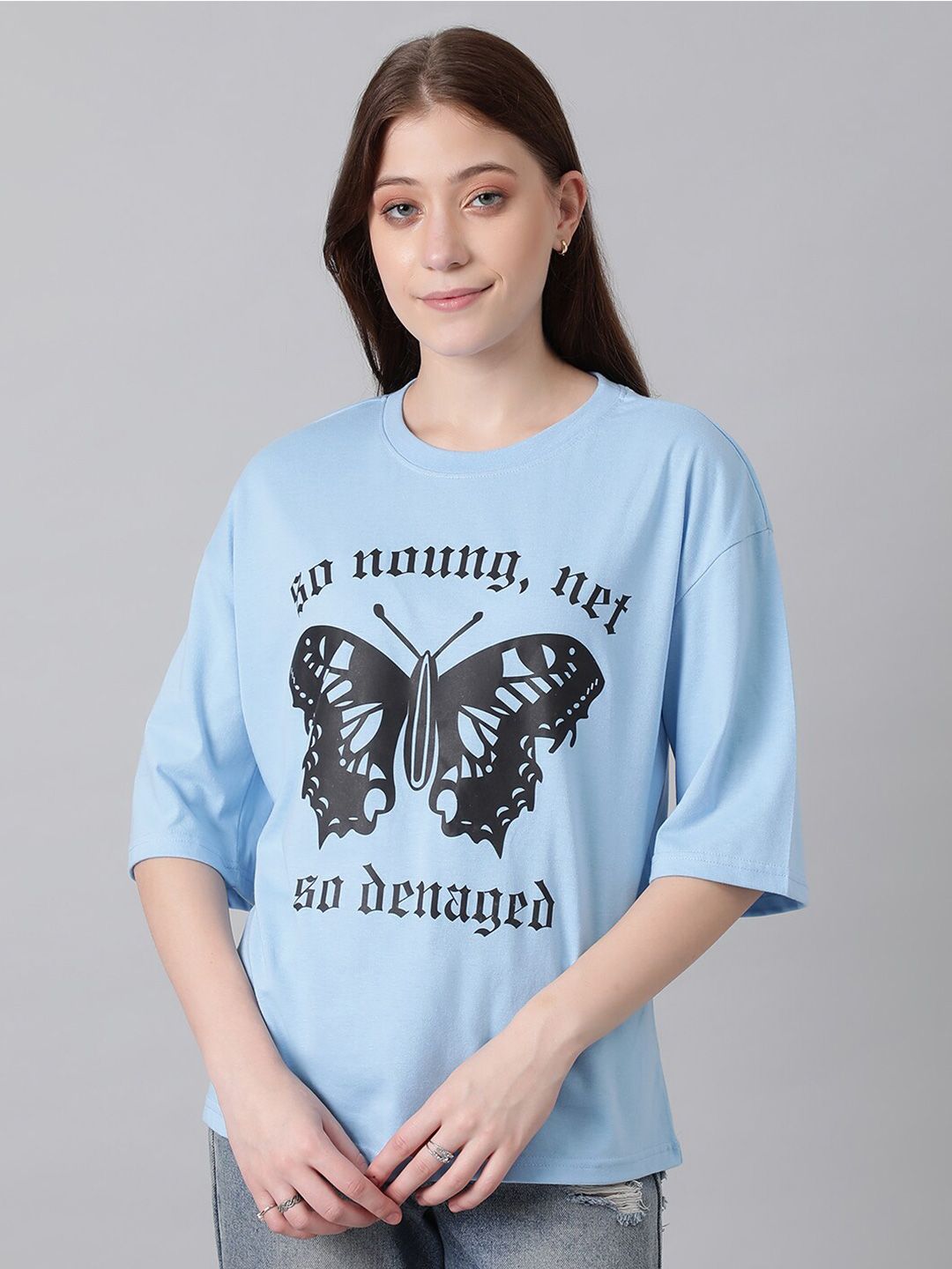 KOTTY Basics Typography Printed Drop-Shoulder Sleeves Oversized T-shirt