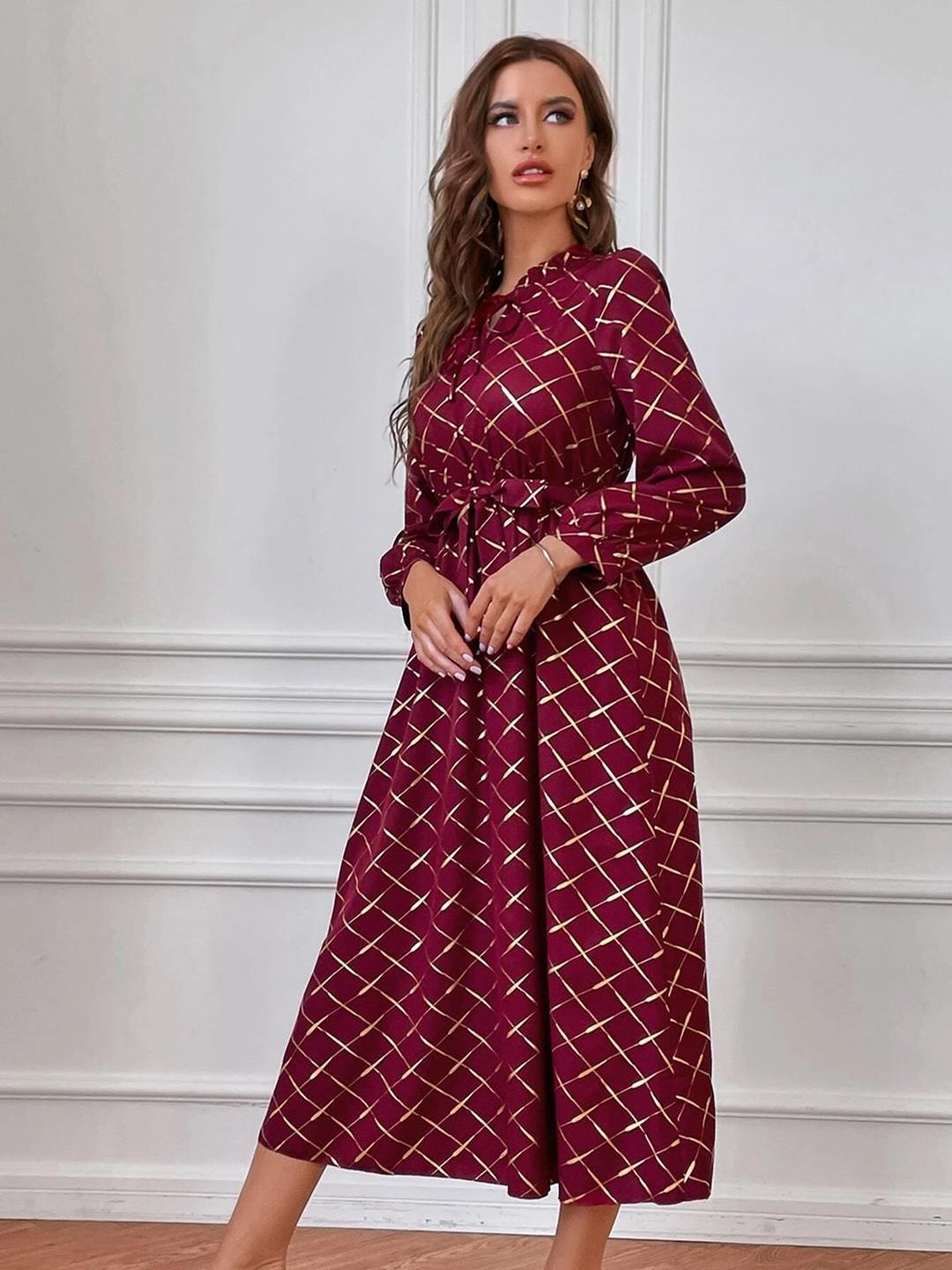 Kotty Maroon Checked Printed Tie-Up Neck Puff Sleeves Fit & Flare Midi Dress