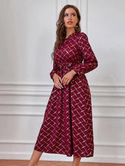 Kotty Maroon Checked Printed Tie-Up Neck Puff Sleeves Fit & Flare Midi Dress