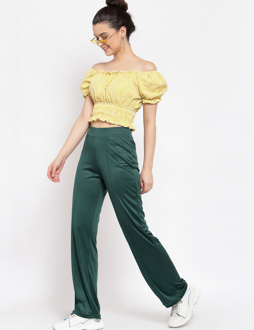 Kotty Women Green Flared High-Rise Parallel Trousers