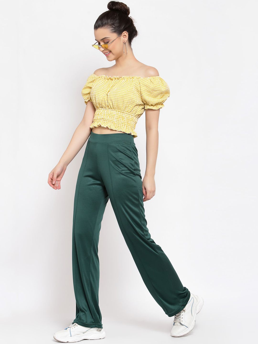 Kotty Women Green Flared High-Rise Parallel Trousers