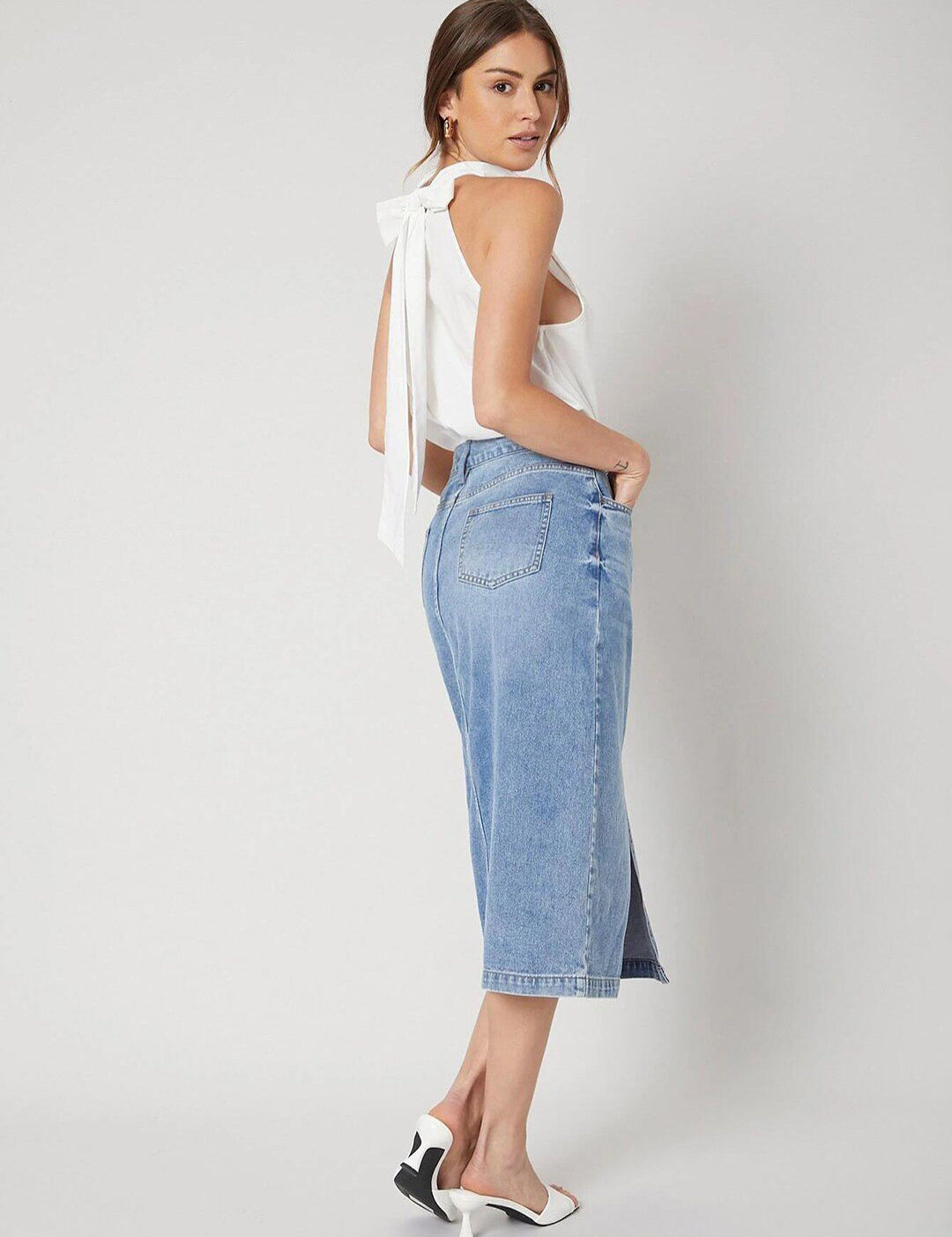 Kotty Front Slit A-line Denim Midi Skirt