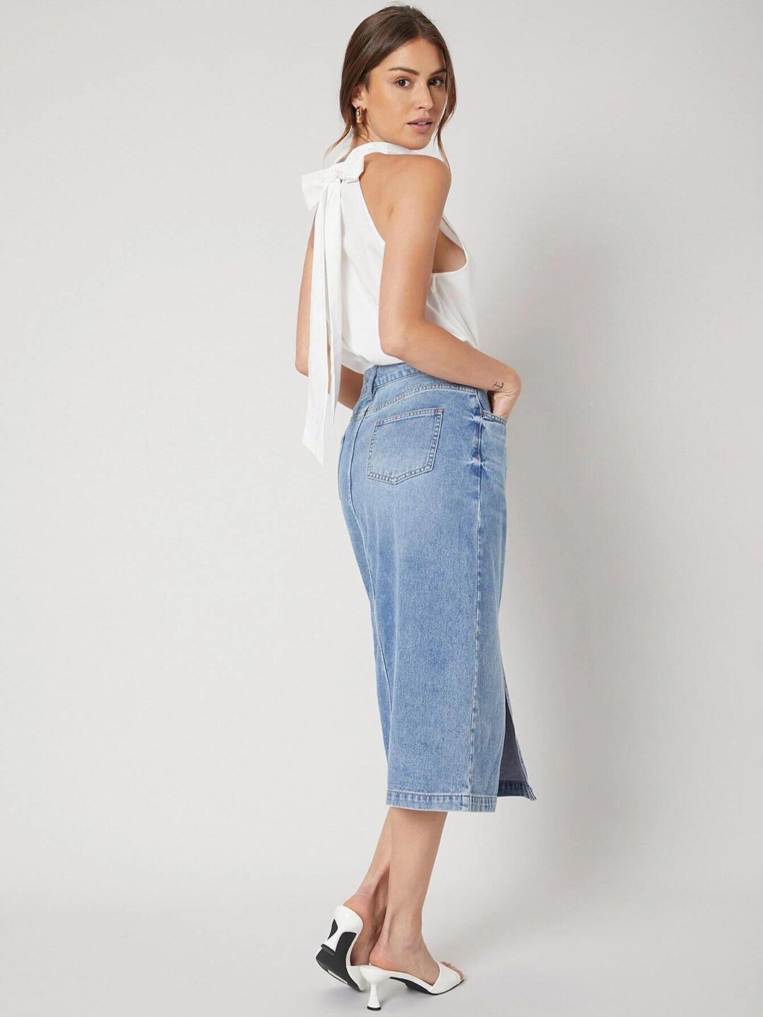 Kotty Front Slit A-line Denim Midi Skirt