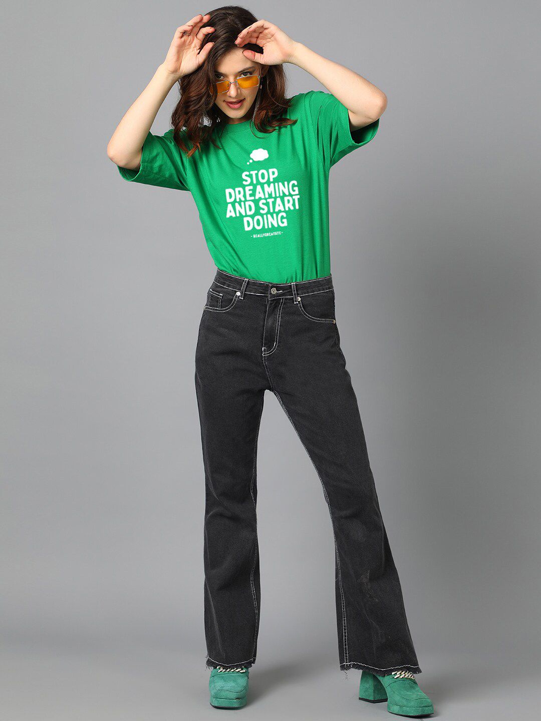 Kotty Green Typography Printed Drop-Shoulder Sleeves Oversized T-shirt