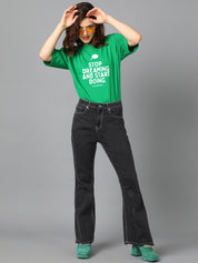 Kotty Green Typography Printed Drop-Shoulder Sleeves Oversized T-shirt