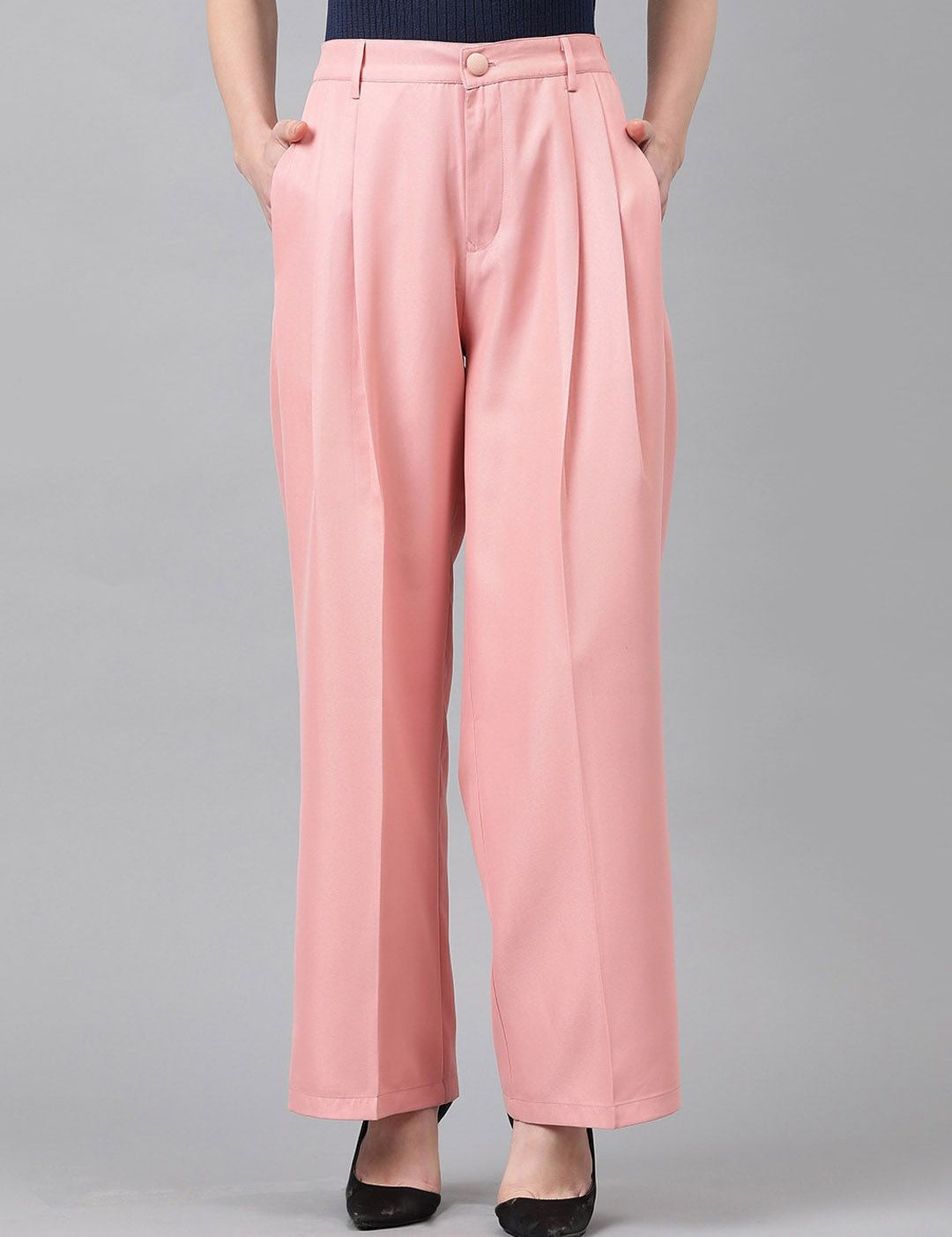 KOTTY BIZwear Basics Women Straight Fit High-Rise Easy Wash Pleated Parallel Trousers