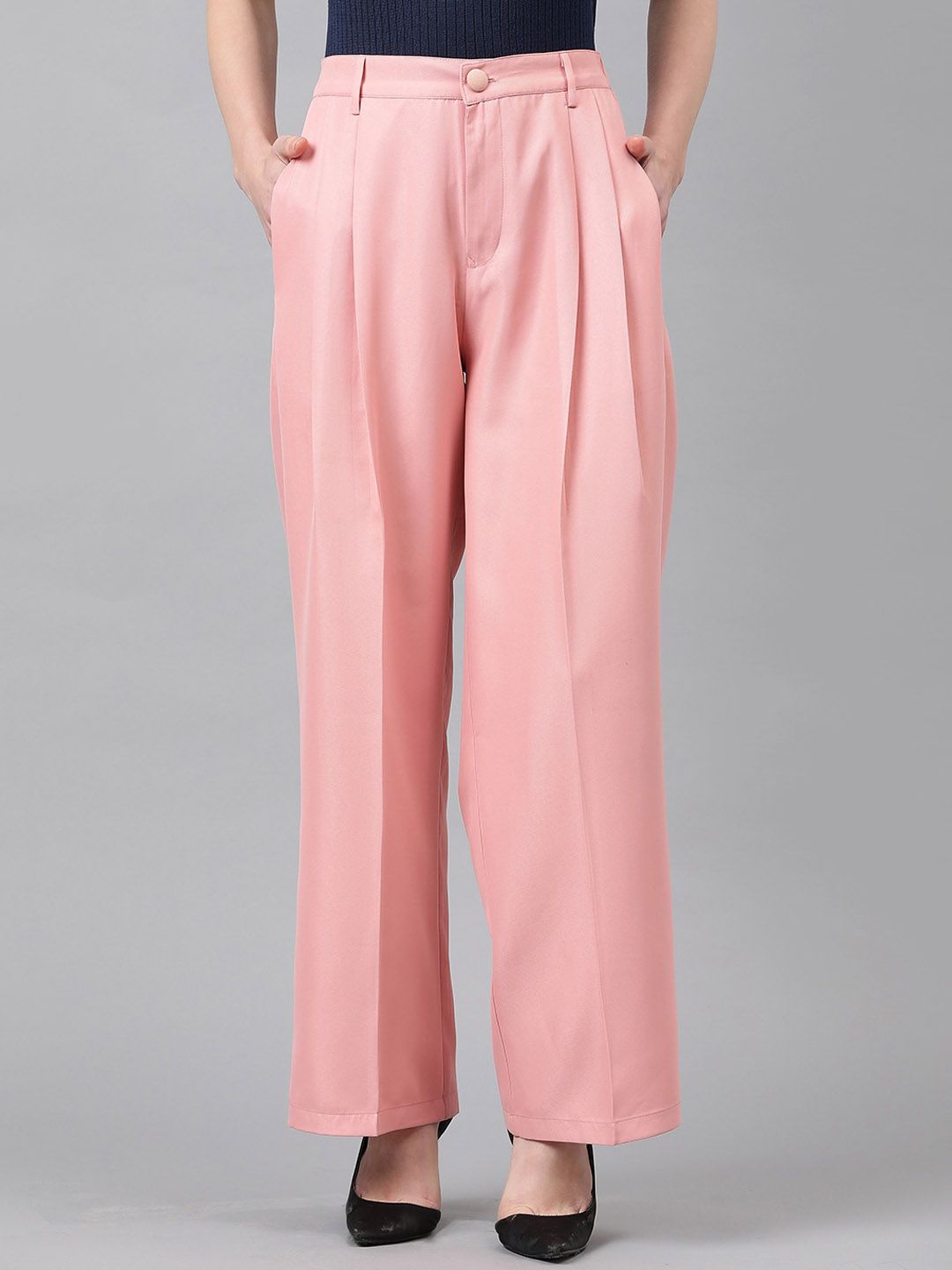 KOTTY BIZwear Basics Women Straight Fit High-Rise Easy Wash Pleated Parallel Trousers