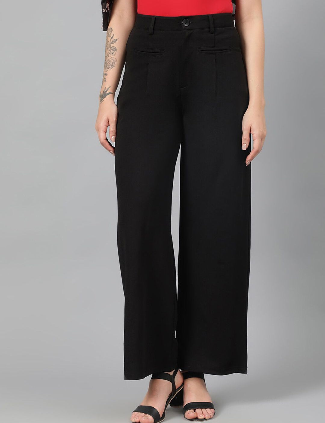 Kotty Women Black Relaxed Straight Leg Fit High-Rise Easy Wash Parallel Trousers