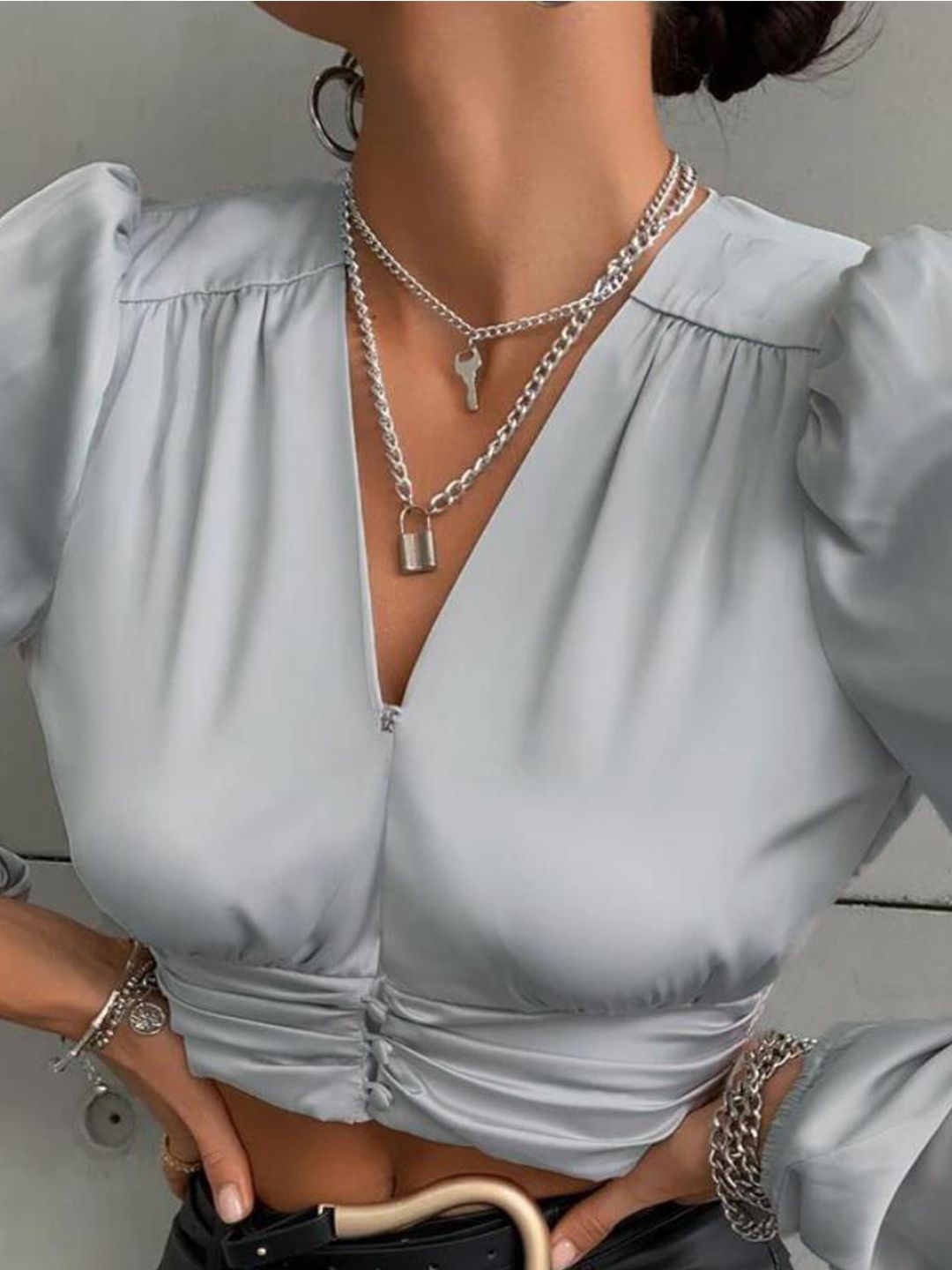 Kotty Grey Tie-Up Neck Satin Crop Top