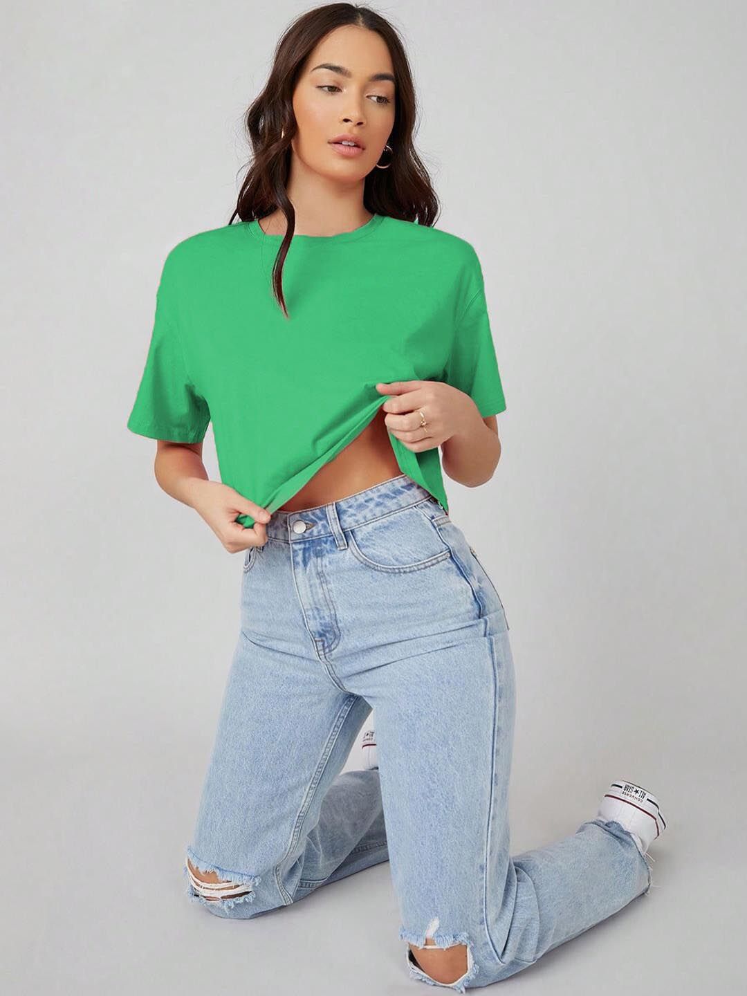 Kotty Yellow Floral Printed Round Neck Drop-Shoulder Sleeves Oversized Crop T-shirt