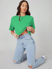 Kotty Yellow Floral Printed Round Neck Drop-Shoulder Sleeves Oversized Crop T-shirt