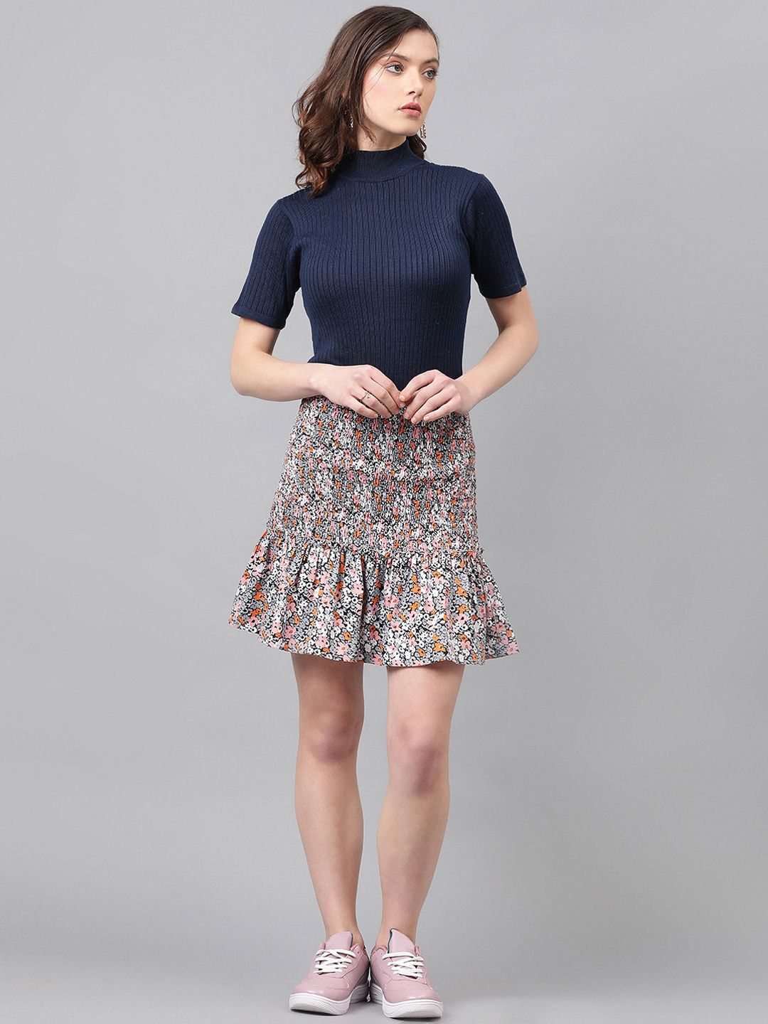 Kotty Grey Floral Printed A-line Skirt