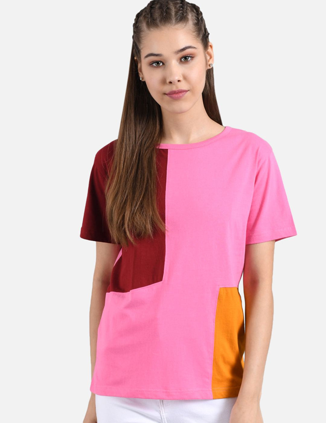 Kotty Women Pink & Maroon Colourblocked Boat Neck T-shirt