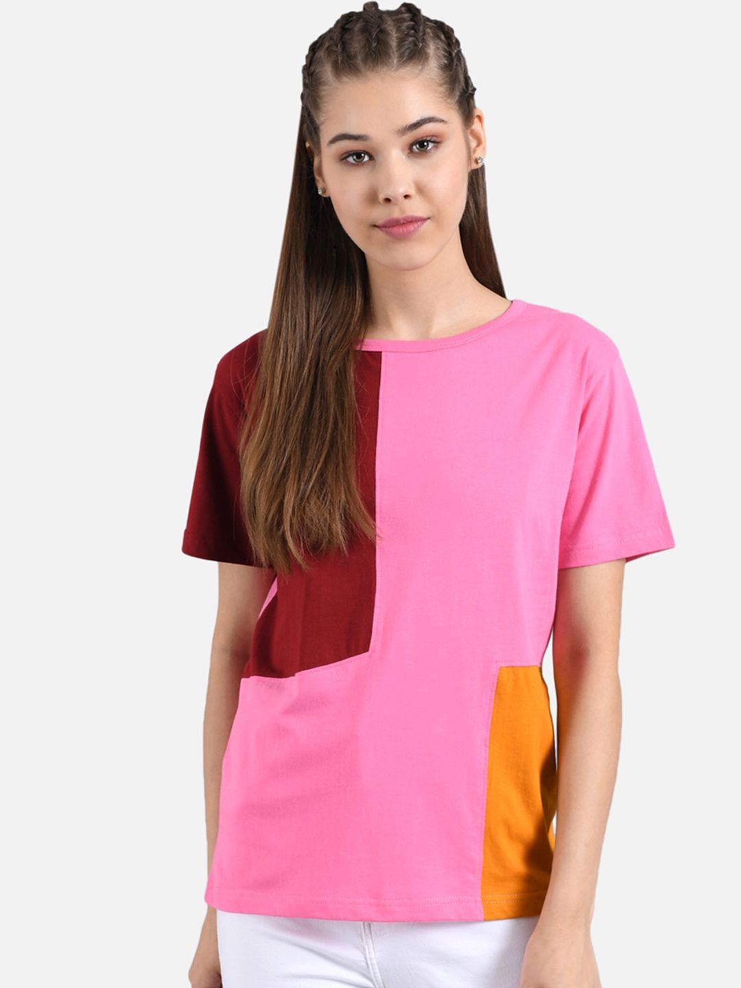 Kotty Women Pink & Maroon Colourblocked Boat Neck T-shirt