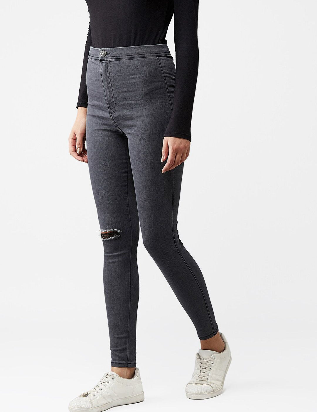 Kotty Women Grey Skinny Fit High-Rise Slash Knee Jeans