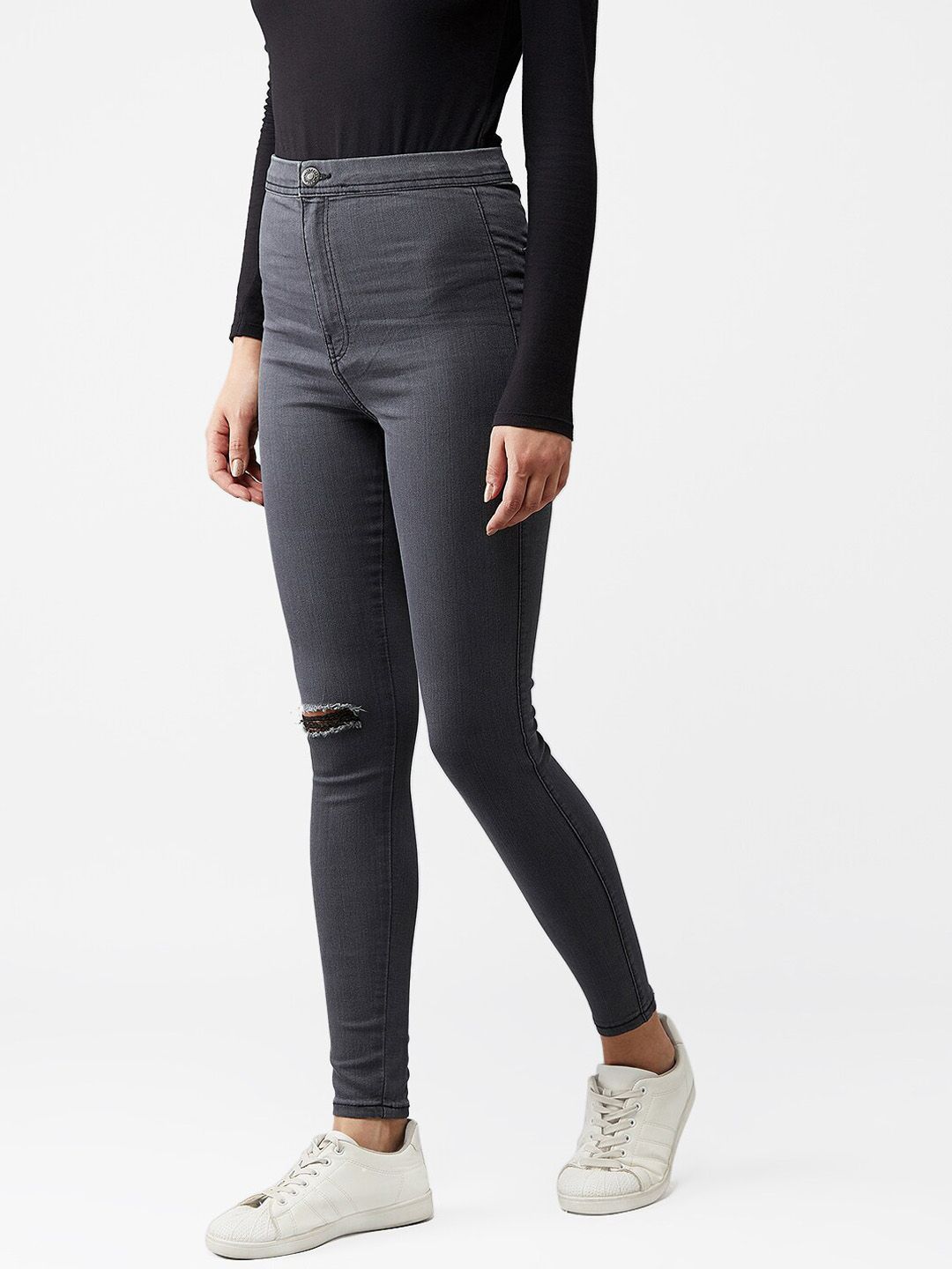 Kotty Women Grey Skinny Fit High-Rise Slash Knee Jeans