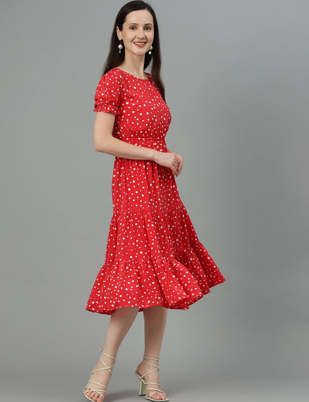 Kotty Polka Dot Printed Puff Sleeve Layered Crepe Fit & Flare Midi Dress