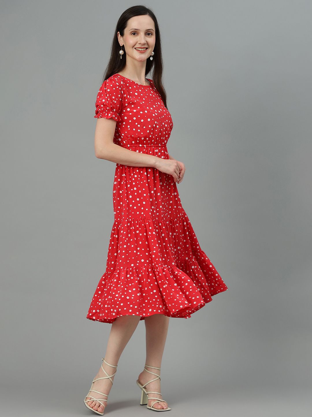 Kotty Polka Dot Printed Puff Sleeve Layered Crepe Fit & Flare Midi Dress