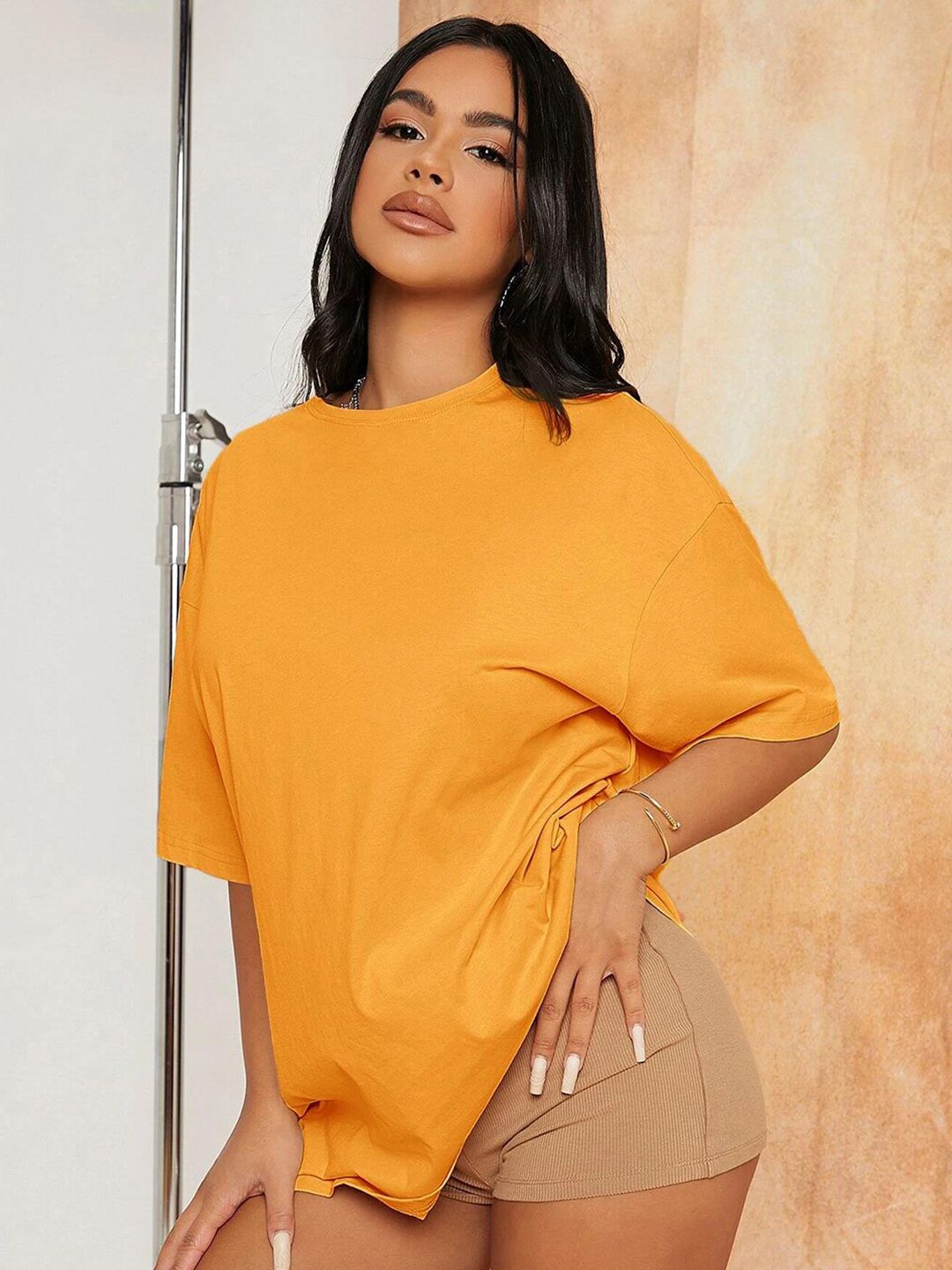 KOTTY Basics Round Neck Drop-Shoulder Sleeves Oversized Fit Cotton T-Shirt