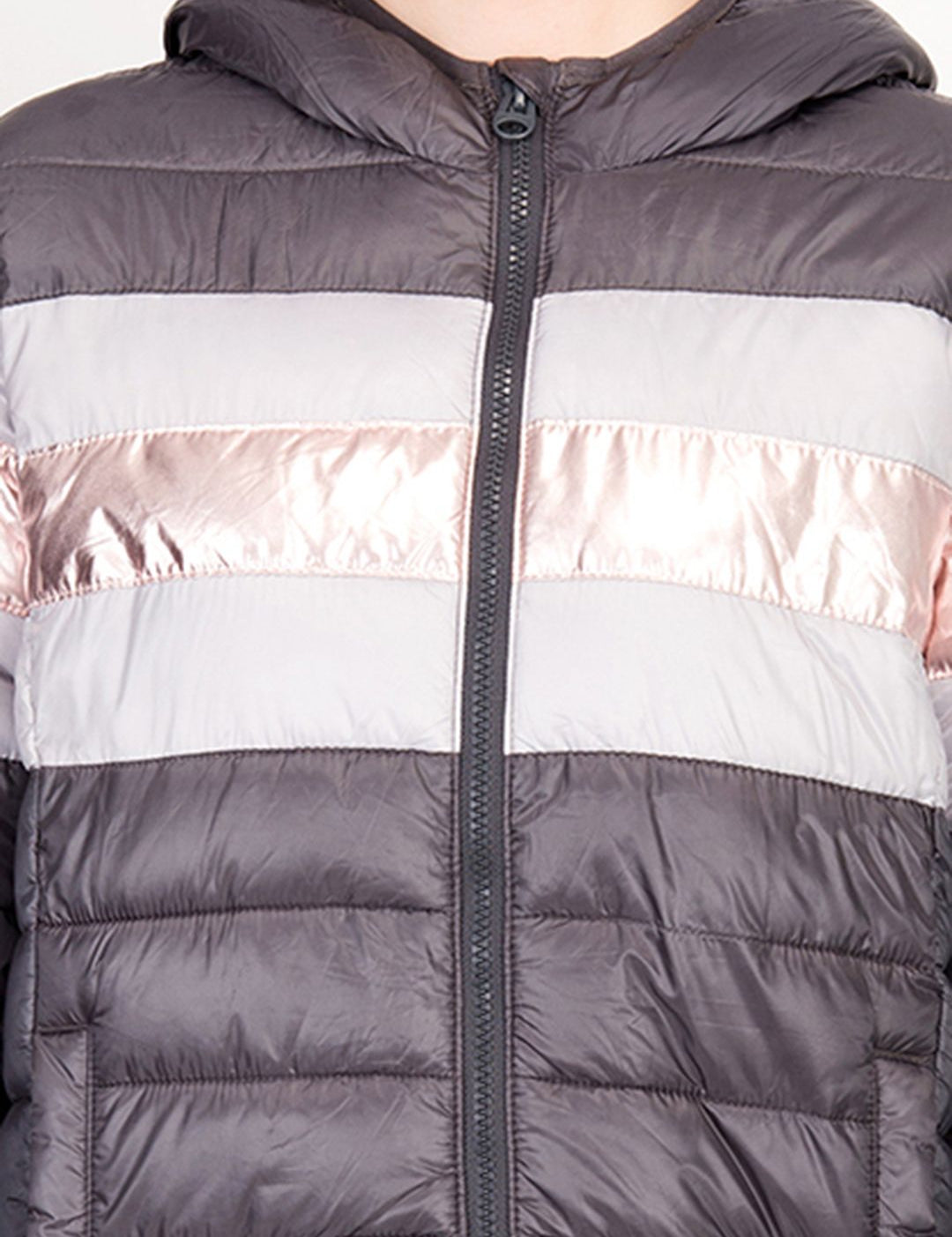 Kotty Women Grey & White Colourblocked Insulator Hooded Puffer Jacket